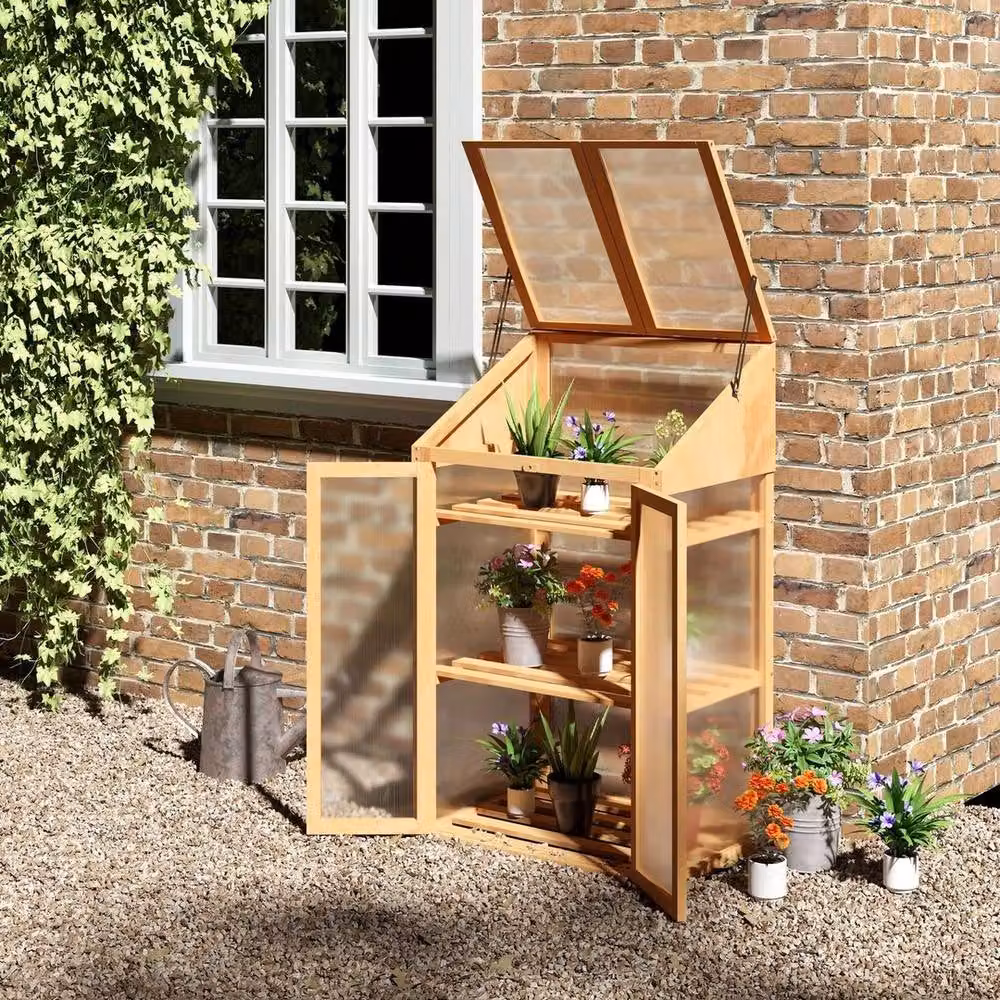 Hinsinc Wooden Cold Frame Greenhouse in Beige with Shelving and Lock – 2
