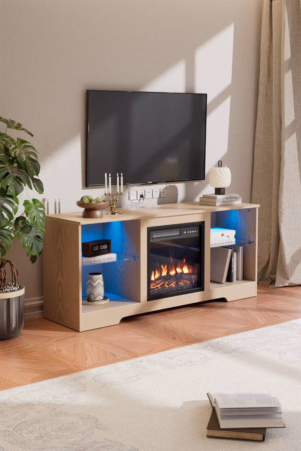 H&O Direct Modern TV Stand Electric Fireplace with Remote Control in Brown and Beige with Glass Details – 2