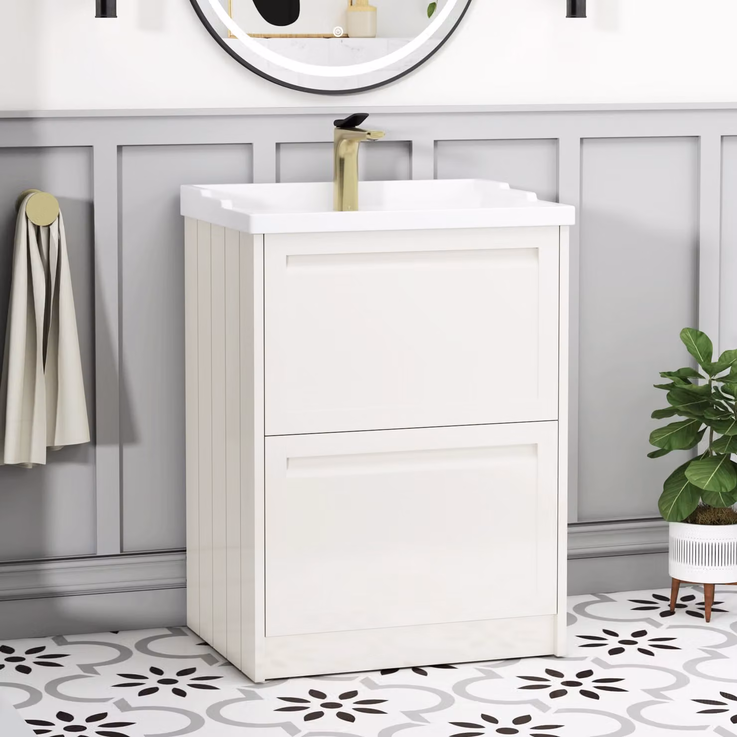Royal Bathrooms Elmore Traditional Floor Standing 2 Drawer Vanity Unit with Ceramic Basin, Classic White
