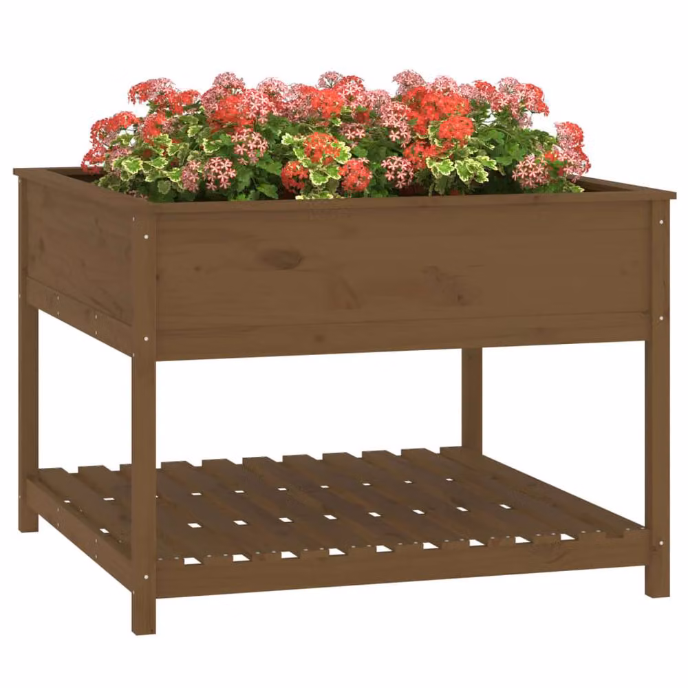 Berkfield Rustic Wooden Raised Bed Planter with Shelf, Brown Pine Wood, W/D/H: 111.5 x 111.5 x 81 cm – 3