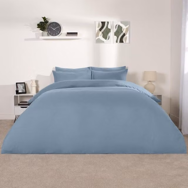 Brentfords Reversible Plain Blue Microfibre Polyester Duvet Cover and Pillowcase Set, 90 x 200 cm