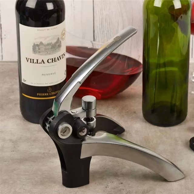 Homiu Lever Corkscrew Wine Opener with Foil Cutter in Grey and Silver Stainless Steel