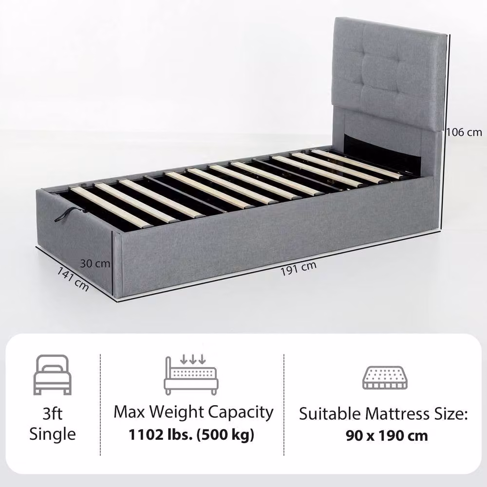 HOMCOM Upholstered Ottoman Bed with Lift Up Base, Grey, W/D/H: 90 x 190 x 35 cm – 3