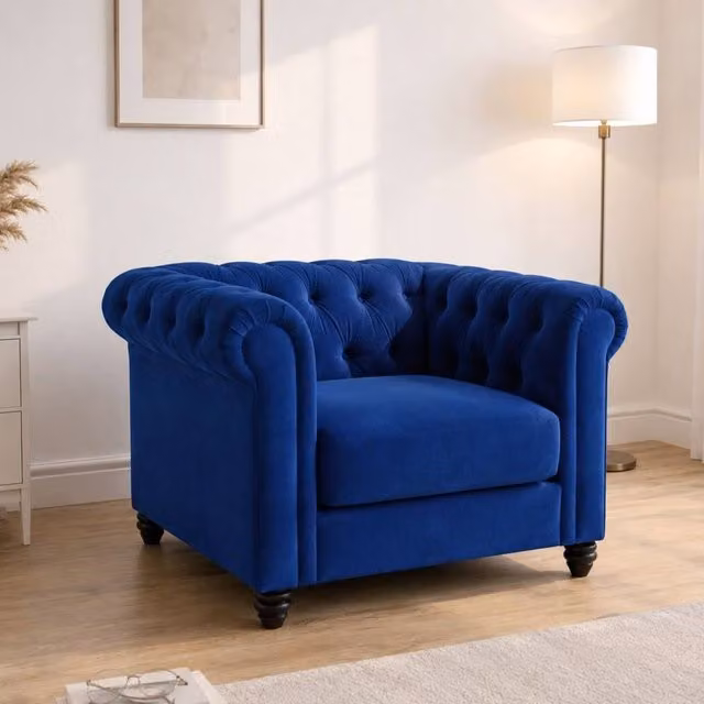 Sofaya Hampton Chesterfield 1 Seater Armchair in Blue Velvet