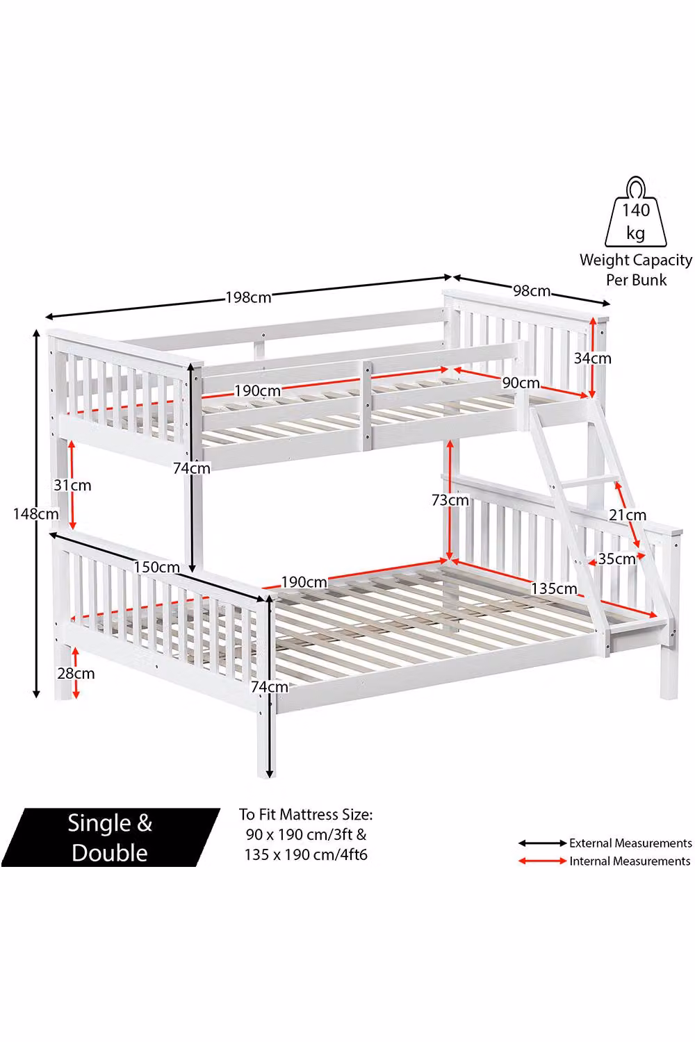 HD Designs Milan Triple Sleeper Detachable Bunk Bed Frame in White, W/D/H: 90 x 190 cm – 2