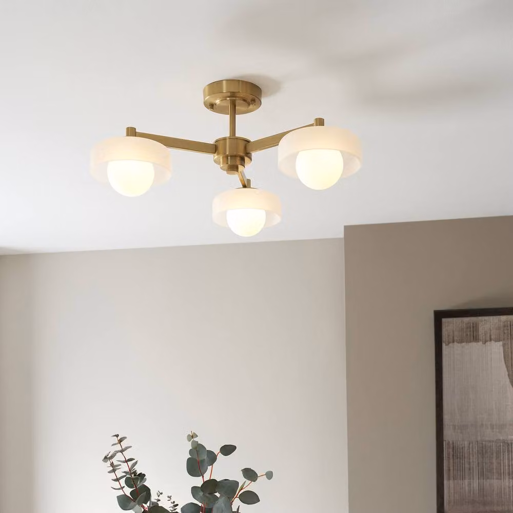 Netlighting Boss Multi Arm Semi Flush Ceiling Lamp in Gold with Frosted and Opal Glass and 3x G9 Sockets – 2