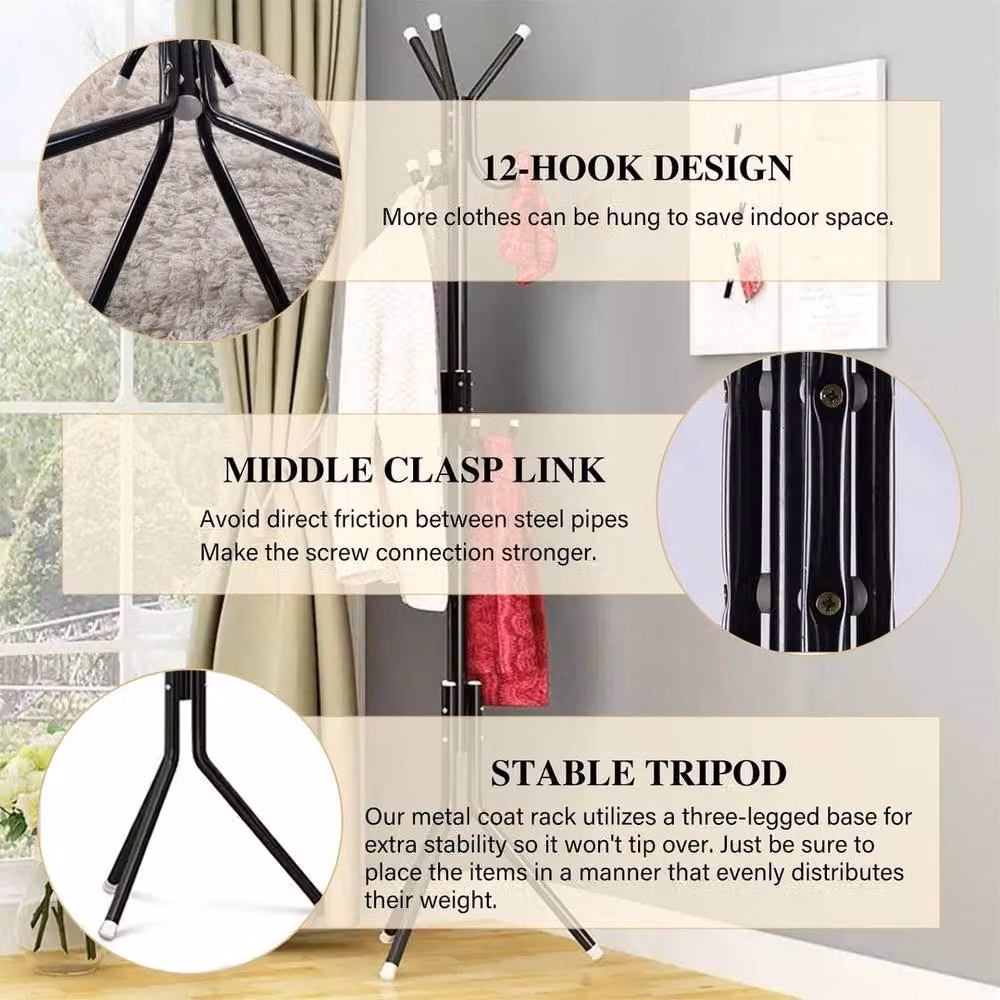 PAWNORA 12 Hook Metal Floor Standing Clothes Hanger Post Tree in Black – 2
