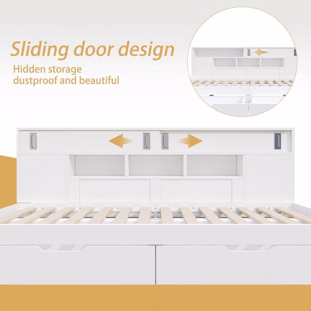 Matteo White MDF Double Day Bed Frame with Storage Drawers and Bedside Shelves – 3