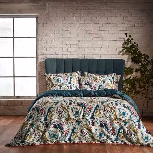 Edinburgh Weavers Aretha Reversible Duvet Set and Pillowcase, 200 Thread Count Cotton Sateen, Petrol and Green, 200 x 200 cm – 1