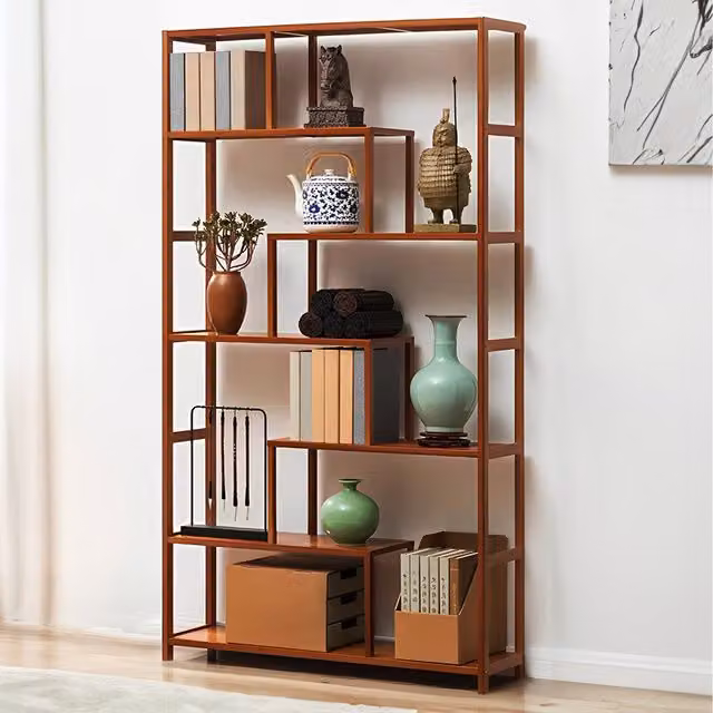 Komore 7-Tier Modern Geometric Open Back Solid Wood Bookcase in Brown
