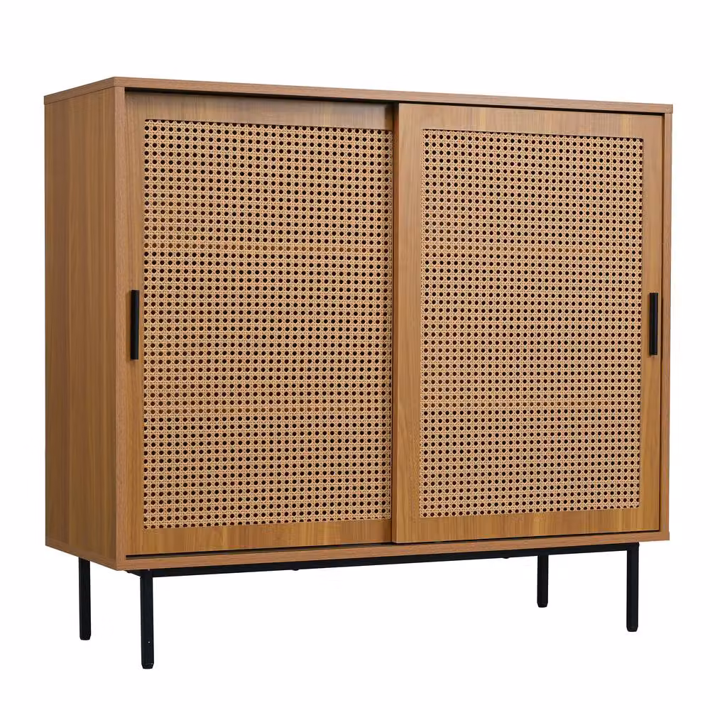 BTM Brown Rattan Sideboard Kitchen Storage Cabinet with Barn Doors – 3