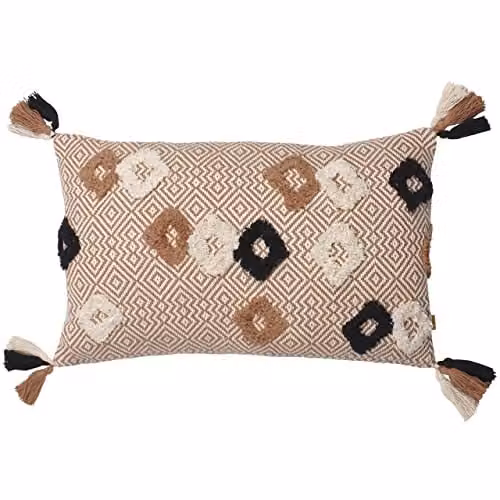Benji Tasselled Jacquard Diamond Tufted Cotton Cushion in Brown and Multicolour, W/D/H: 50 x 30 x 30 cm – 1