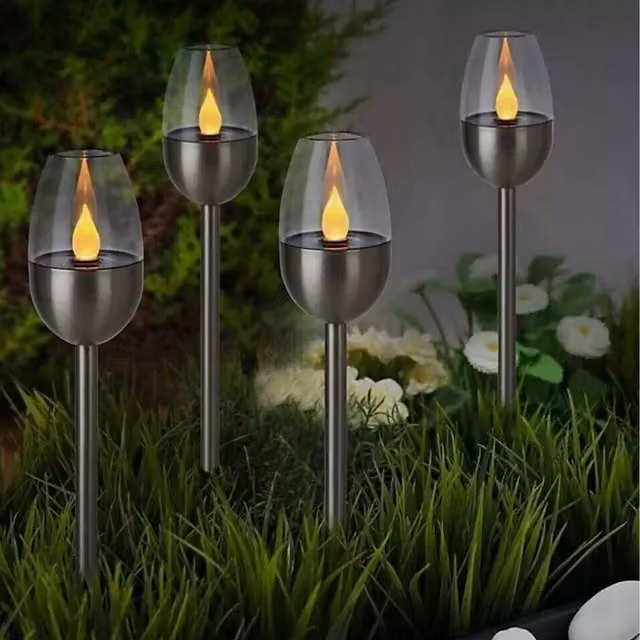 Garden Mile Set of 4 Solar Powered Flame Effect Stake Lights in Silver