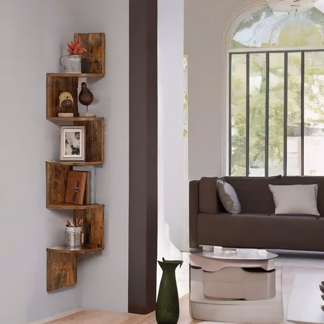 Rafaelo Mobilia 5 Tier Wall Mounted Floating Corner Shelf in Rustic Brown