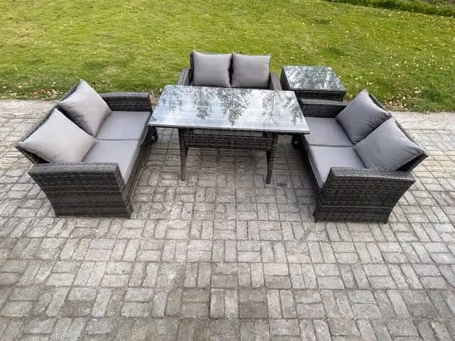 Fimous 6 Seater Rattan Wicker Garden Furniture Set with Dining Table in Dark Grey