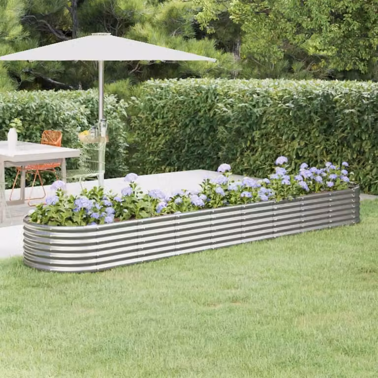 Berkfield Home Garden Powder-coated Steel Raised Bed in Silver, W: 368 cm, D: 80 cm, H: 36 cm