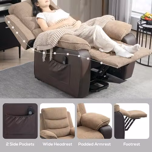 HOMCOM Brown Corduroy Power Lift Recliner Chair with Remote Control – 7