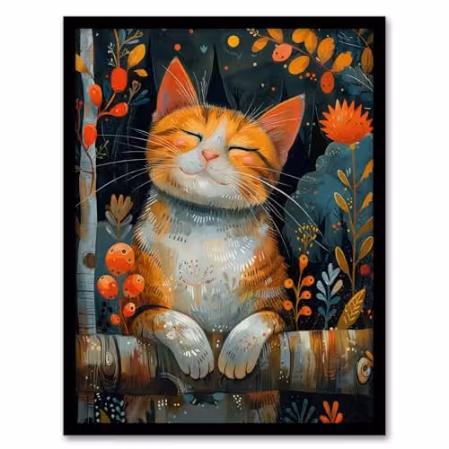 Artery8 Happy Ginger Tabby in Nature Framed Wall Art Print, Multicolour, W: 21.0 cm, H: 29.7 cm – 1