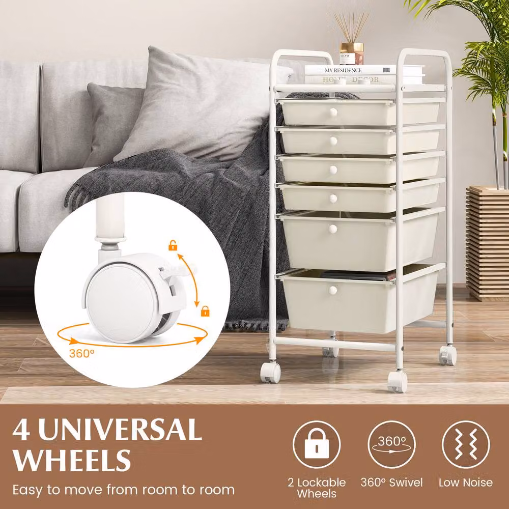 Costway 6-Drawer Mobile Utility Rolling Storage Cart with Castors in White – 3