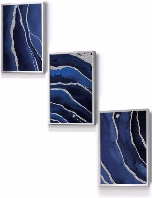 ARTZE Abstract Navy Blue and Silver Strokes Framed Wall Art, W: 33 cm, H: 45 cm, D: 2 cm