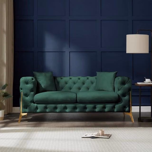 Panther Chesterfield Design Velvet Fabric Sofa in Green and Gold
