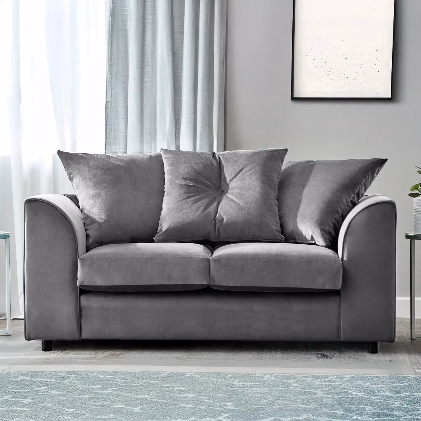 Furnishings For Less UK Fernando 2 Seater Sofa in Grey Soft Plush Velvet Fabric with Scatter Back – 2