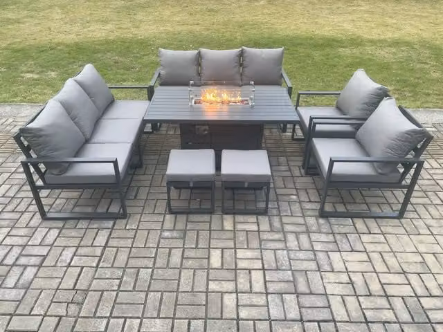Fimous Aluminium Outdoor Garden Furniture Set with Gas Fire Pit Dining Table and 2 Footstools in Dark Grey