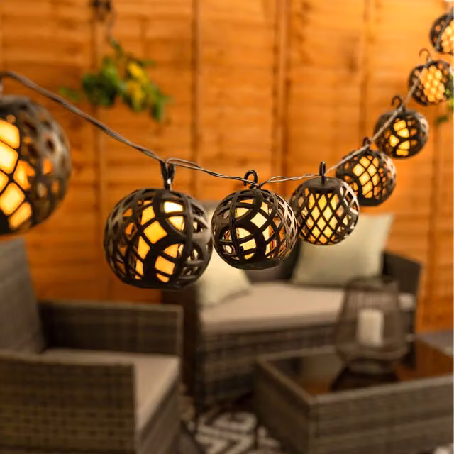 ValueLights 10pc Solar LED Flame Effect Lantern String Lights in Black with Warm White Light