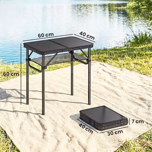 Outsunny Height Adjustable Folding Camping Table with Mesh Storage Layer in Black and Brown, W/D/H: 60 x 60 x 40 cm – 3