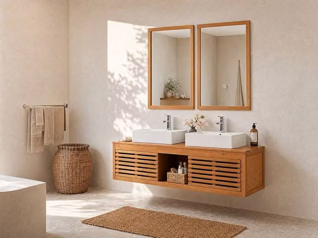 Vente-unique Acacia Wood Wall-Mounted Bathroom Vanity Unit and Mirror Cabinet in Walnut, W/D/H: 130 x 50 x 40 cm – 1