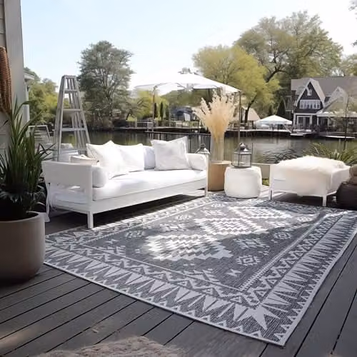 THE RUGS Oriental Reversible Indoor and Outdoor Polypropylene Rug in Grey and Silver, W: 160 cm, L: 230 cm – 1