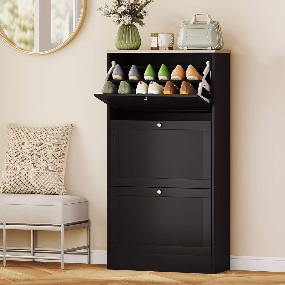 HOMCOM Modern Black Narrow Wall Mounted Shoe Cabinet with 3 Tilting Compartments – 2