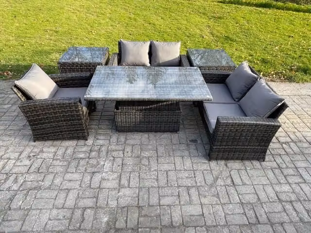 Fimous 6-Piece Rattan Outdoor Garden Furniture Set with Height Adjustable Lifting Table and 2 Side Tables in Dark Grey Mixed