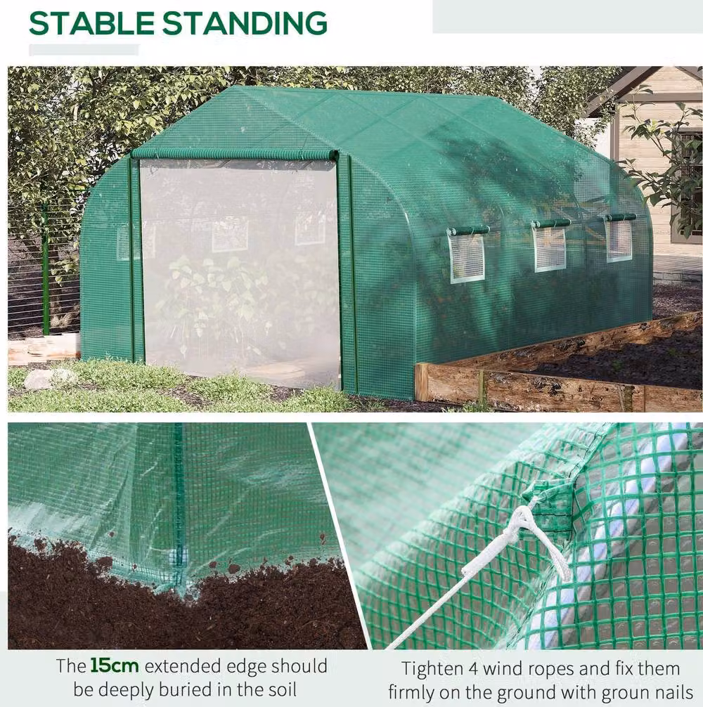STILVORA Green Walk-in Polytunnel Greenhouse with 6 Windows and Metal Frame, W/D/H: 347 x 300 x 200 cm – 3
