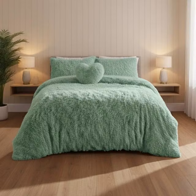 Snug City Super Fluffy Duvet Cover and Pillowcase Set, Green, Super King, W: 200 cm x D: 200 cm