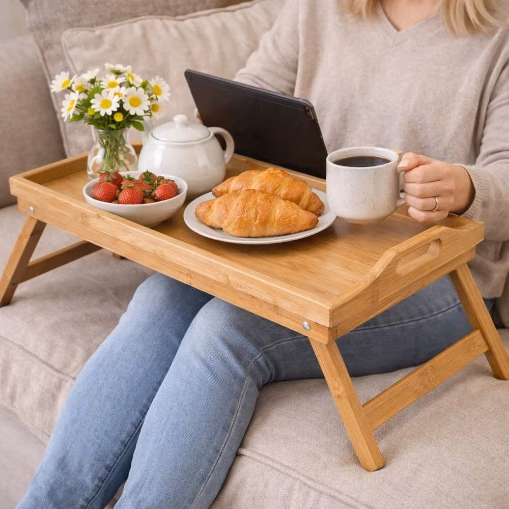 VOGREX Rectangle Bamboo Serving Tray with Handles in Beige – 2