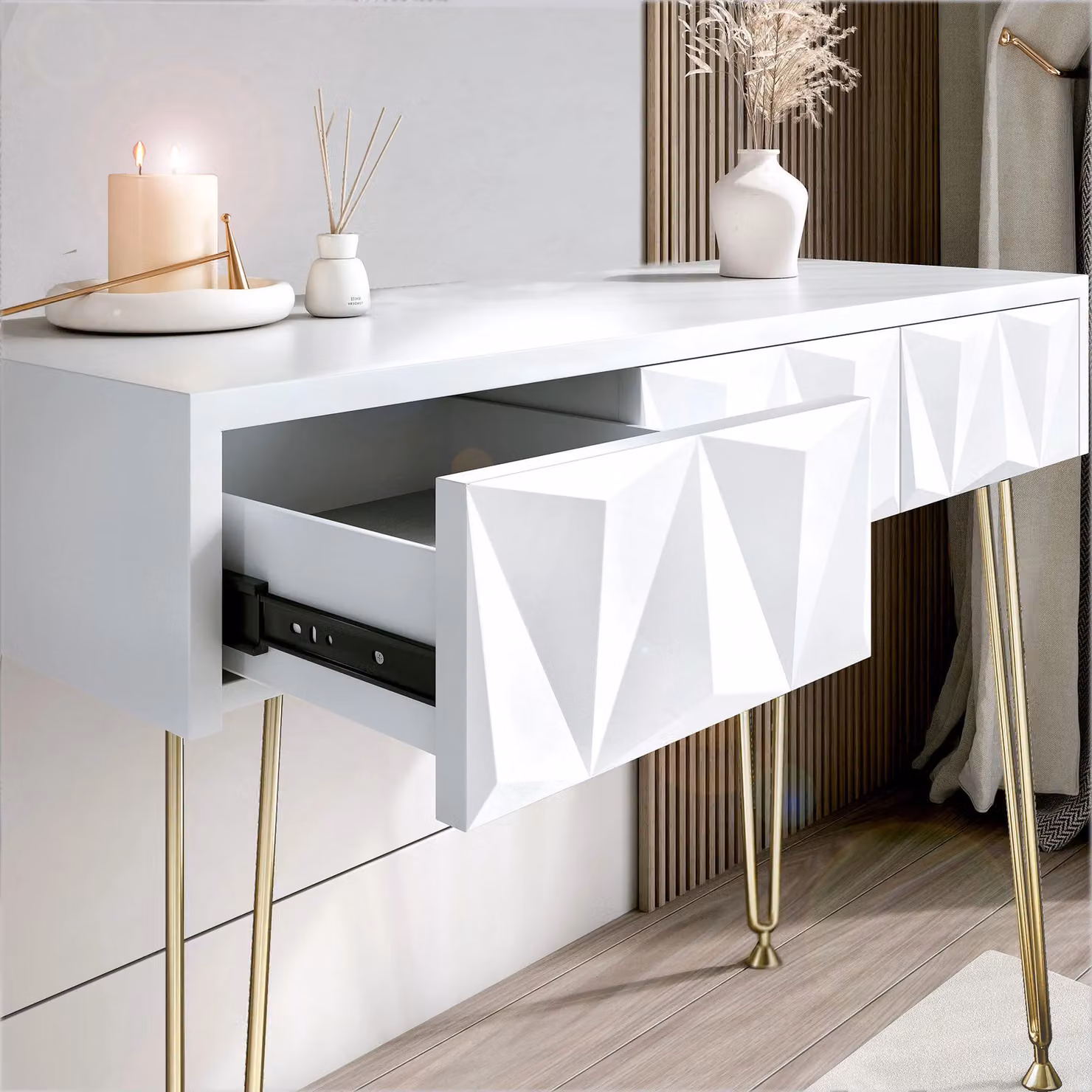 CARME HOME Claudia White 3 Drawer Dressing Table with Gold Metal Hairpin Legs – 3