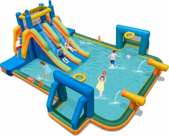 Costway Inflatable Rectangular Water Park with Slide in Green and Multicolour