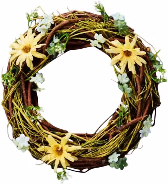 Four Candle Small Spring Daisy Decorative Floral Wreath in Brown, Yellow, White and Green, Diameter: 24 cm – 1