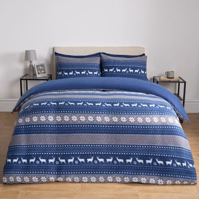 OHS Nordic Christmas Fleece Duvet Set, Blue, W: 140 cm, H: 200 cm