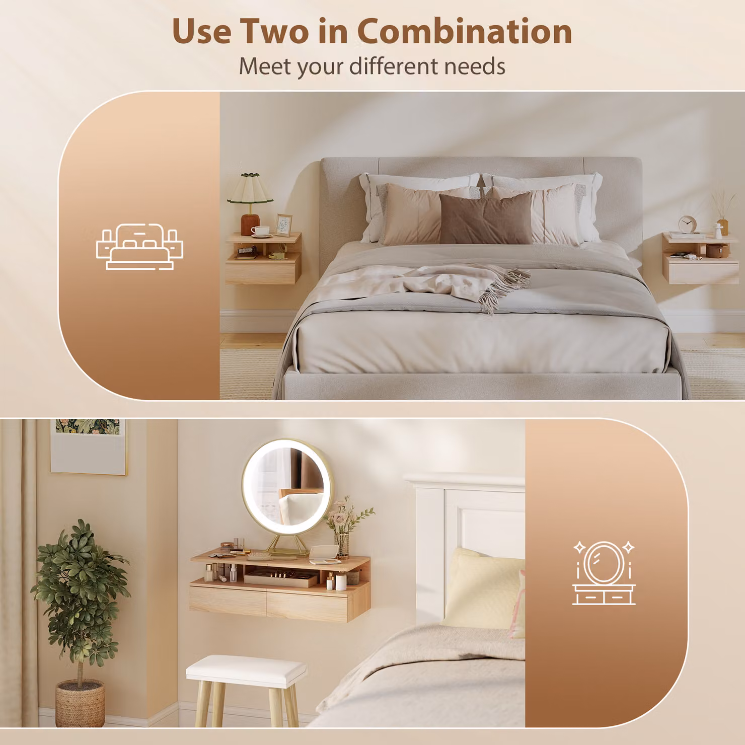 HOMCOM Set of Two Modern Wall Mounted Floating Bedside Tables in Brown Oak Finish – 3