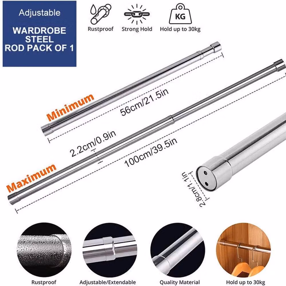 VOGREX Extendable Stainless Steel Wardrobe Tension Rod in Silver, 56-100 cm – 2