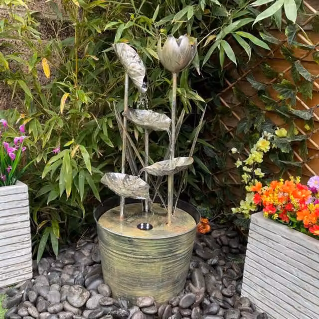 Tranquillity Water Features Zinc Flower Modern Metal Solar Water Feature in Grey