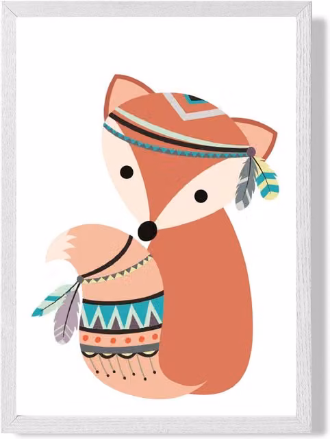 ARTZE Fox Tribal Animal Framed Print in Orange with White Frame, A3