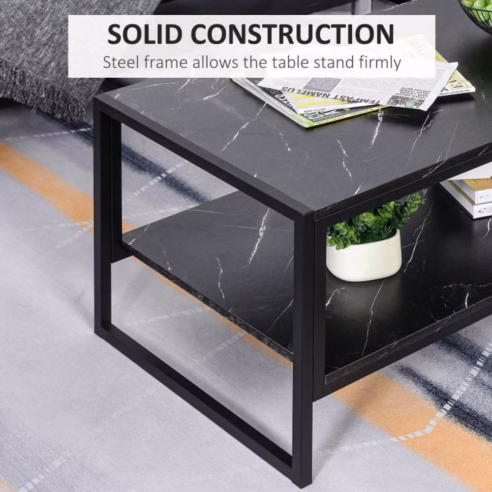 STILVORA Modern Black Rectangular Coffee Table with Two-Tier Storage Shelf and Sled Base – 2