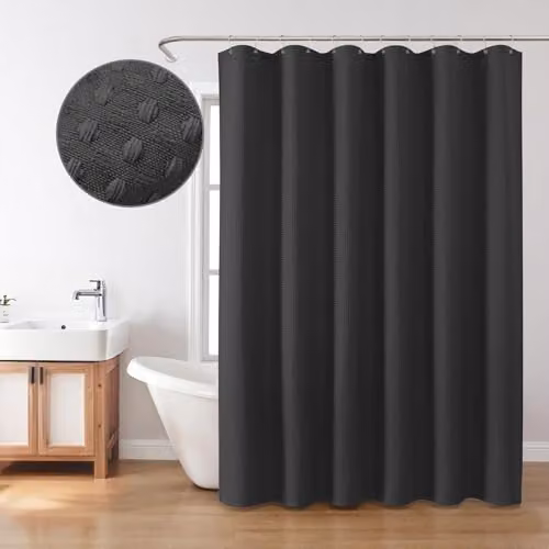 Inhousolu Black Waffle Weave Fabric Shower Curtain with Weighted Hem and Metal Hooks, W 183 x L 183 cm – 7