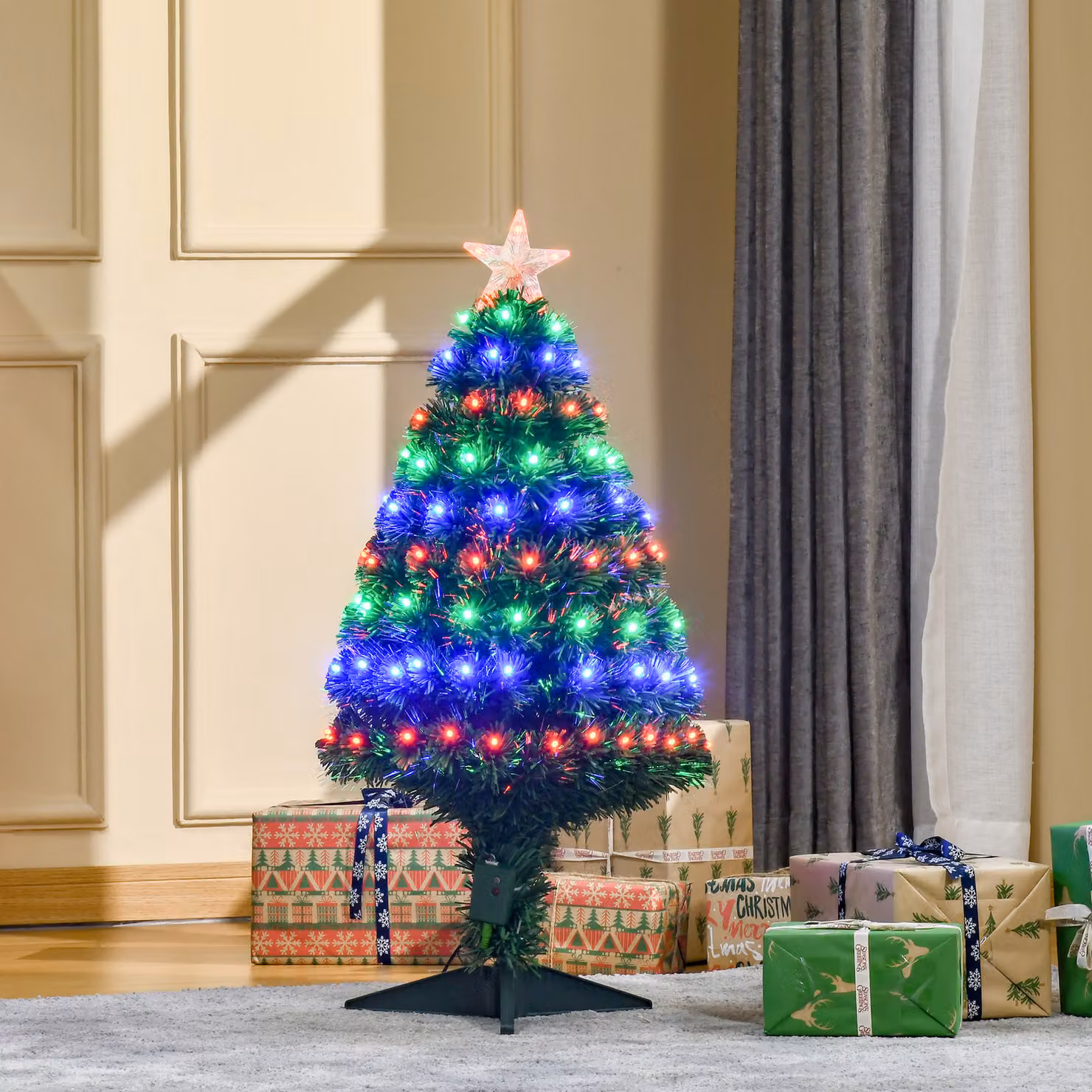 HOMCOM 90 cm Prelit Artificial Christmas Tree with Multicolour Fiber Optics in Green – 2