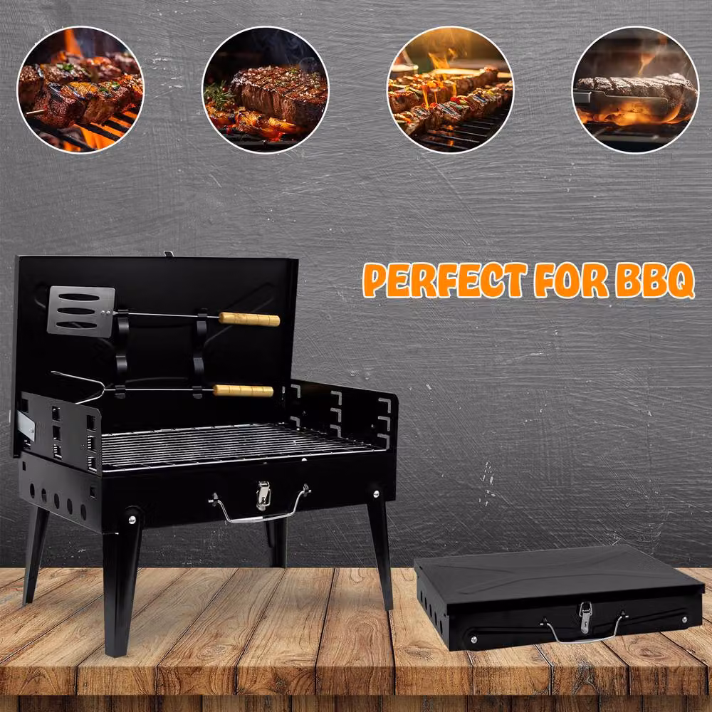 Crystals Portable Folding Charcoal BBQ Grill in Black Steel for Camping and Picnics – 7