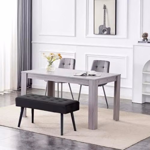 Kosy Koala Modern Dining Set with Rectangular Wood Table, Bench and 2 Black Velvet Chairs in Grey – 1