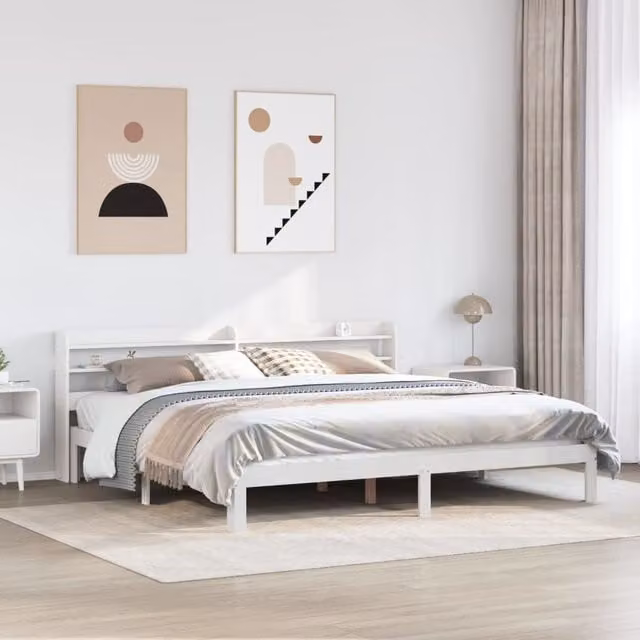 Berkfield Home Super King Bed Frame with Headboard and Side Compartments in White Rustic Pine, W/D/H: 180 x 200 cm – 1